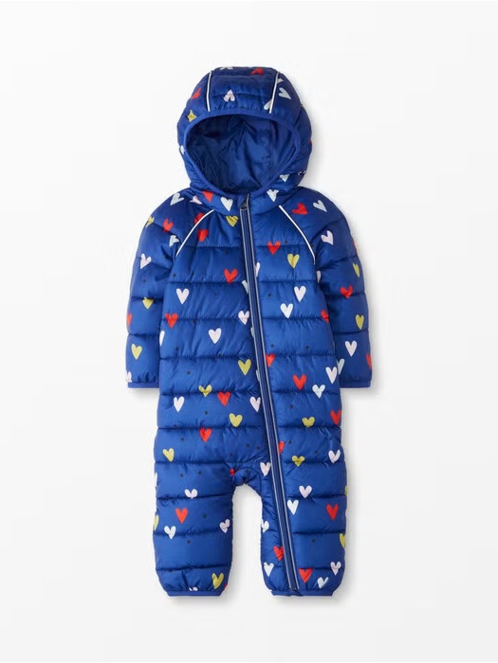 Hanna Anderson Baby Blue Heart-Print Hooded Puffer One-Piece Full Zip Snowsuit
